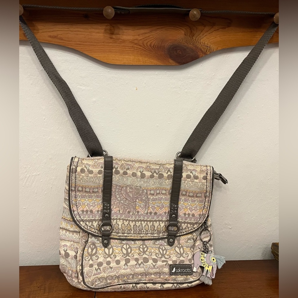 Sakroots convertible backpack crossbody purse bag with elephant charm
